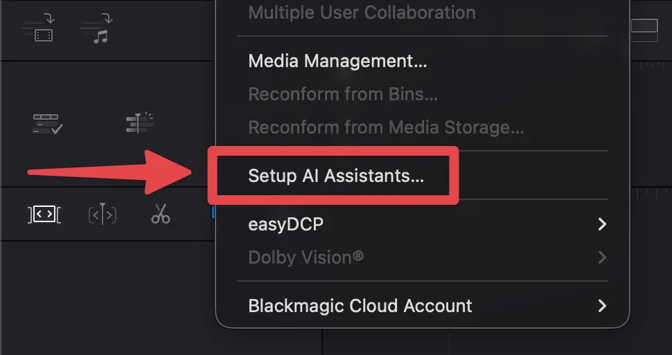 DaVinci Resolve File menu with Setup AI Assistants highlighted