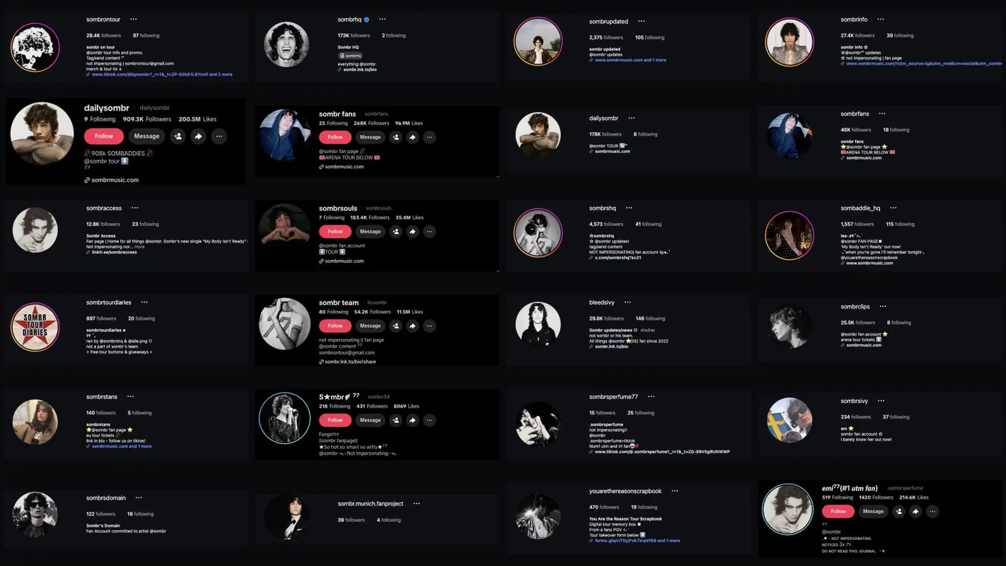 Grid of Sombr fan page profiles on TikTok and Instagram